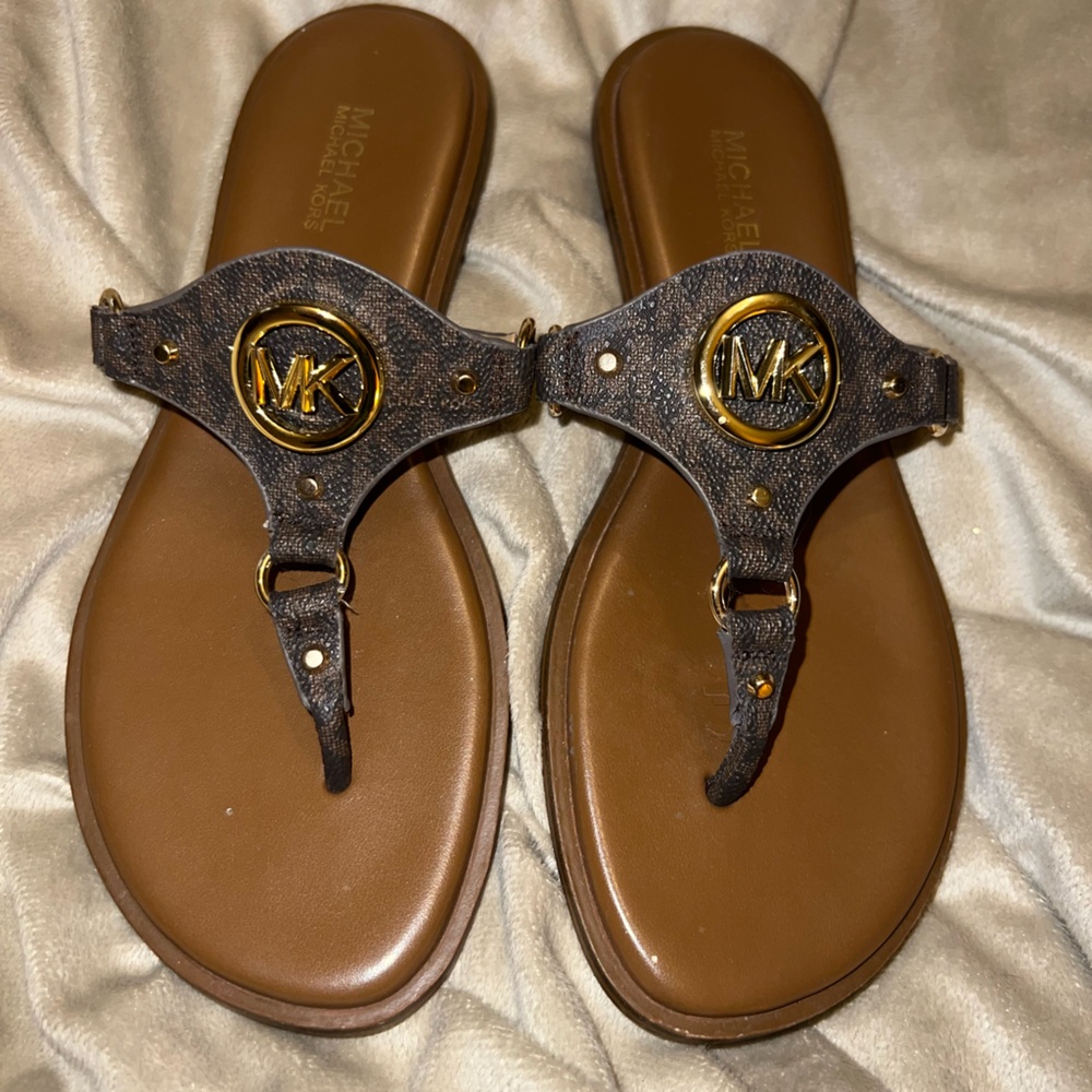 Michael Kors Brown Leather Logo Thong Sandals with Gold Hardware